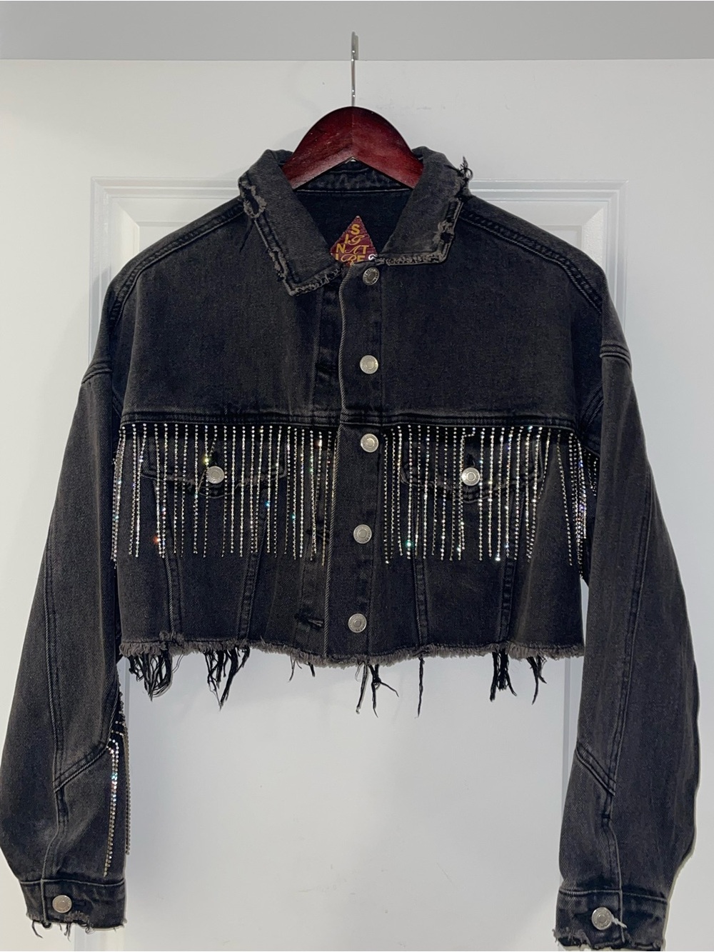 Signature Black Cropped Denim Jacket with Crystal Fringe